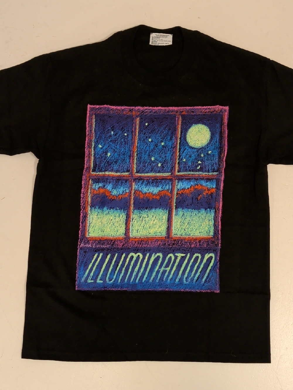 Black Illumination Graphic Tee Colorful Window Graphic 100% Cotton USA T Shirt